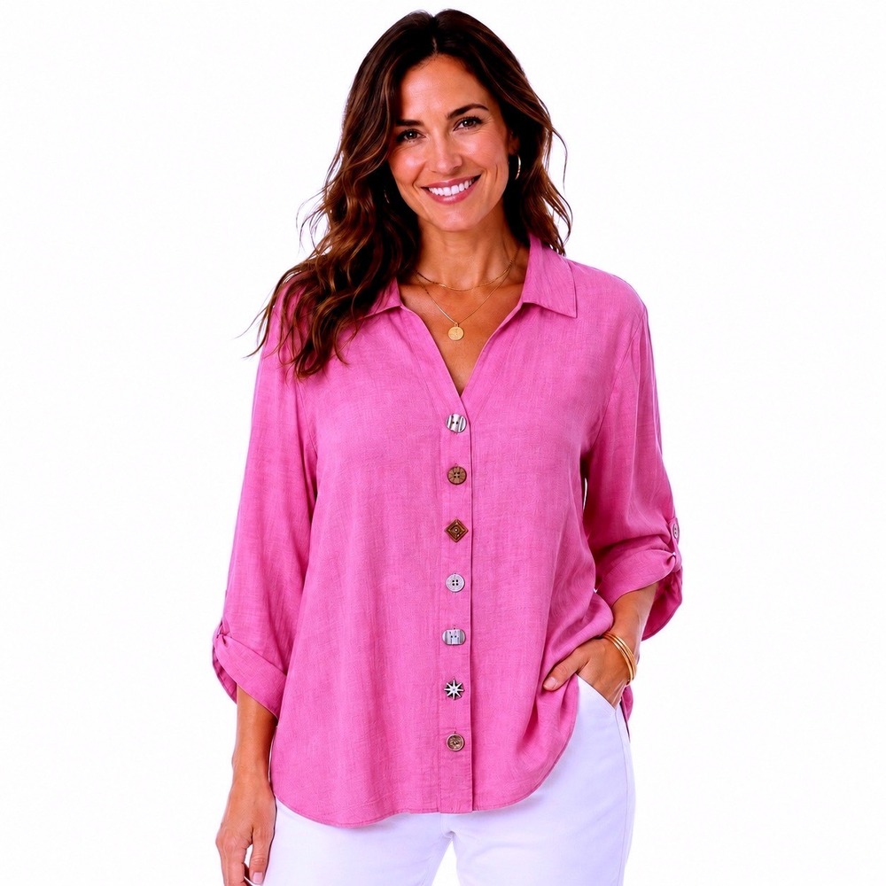 Soft Surroundings Pink Slub Cotton Mixed Button Front Top XL 100% Cotton